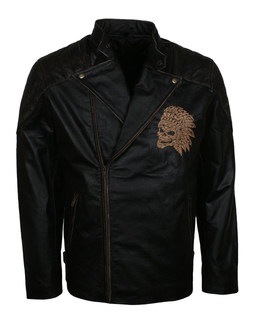 Skull Embossed Vintage Black Leather Motorcycle Jacket