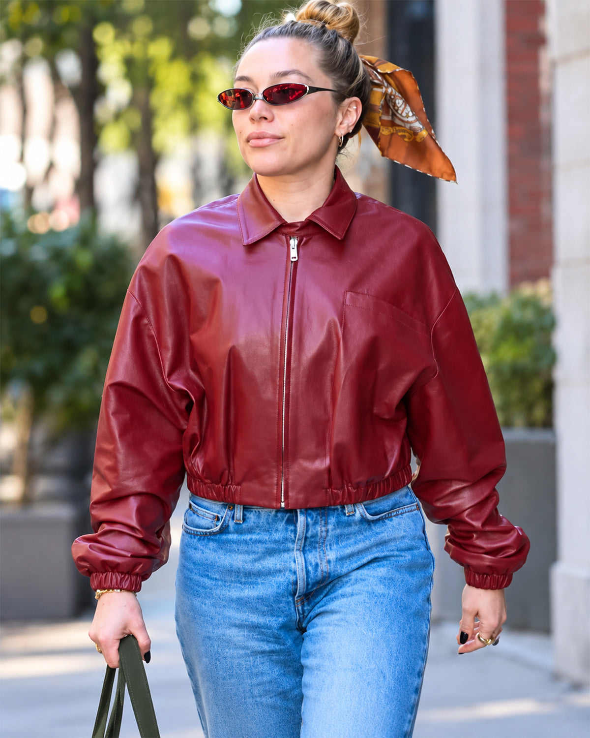 Florence Pugh Street Style Burgundy Leather Jacket