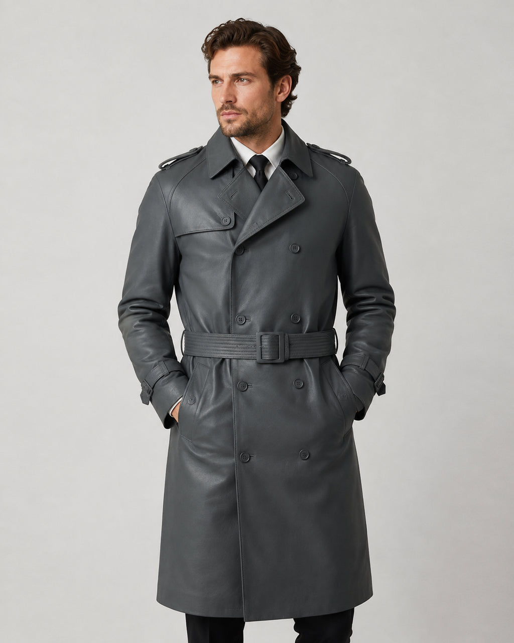 Gray Leather Dylan McDermott Trench Coat