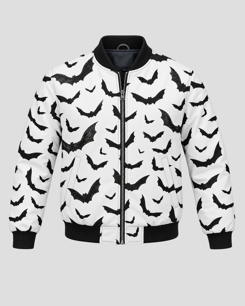 Halloween Black Bats Printed White Bomber Jacket