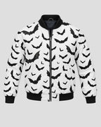 Halloween Black Bats Printed White Bomber Jacket