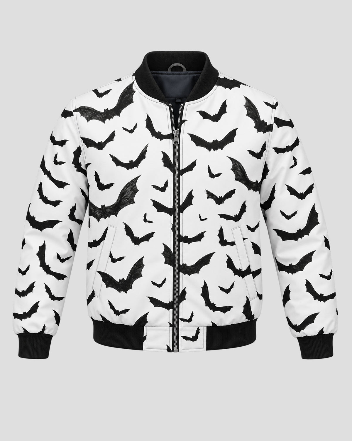 Halloween Black Bats Printed White Bomber Jacket