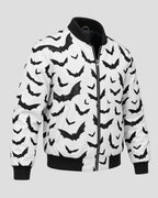 Halloween Black Bats Printed White Bomber Jacket
