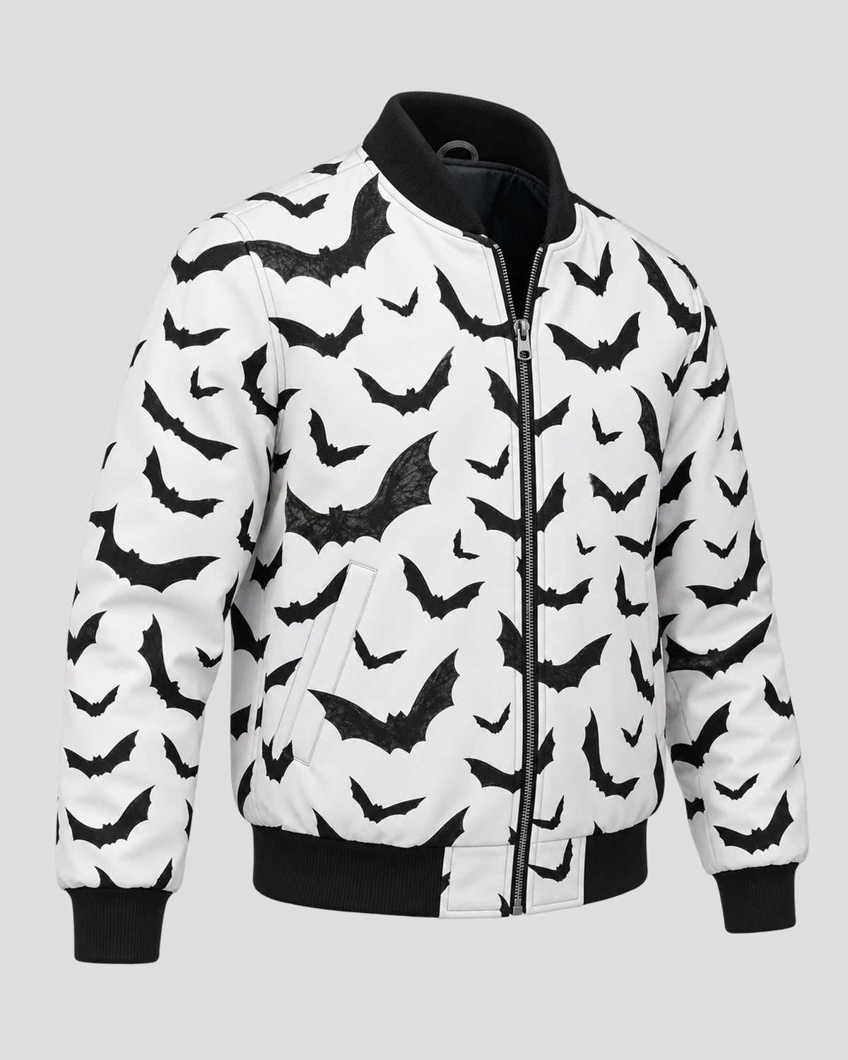 Halloween Black Bats Printed White Bomber Jacket