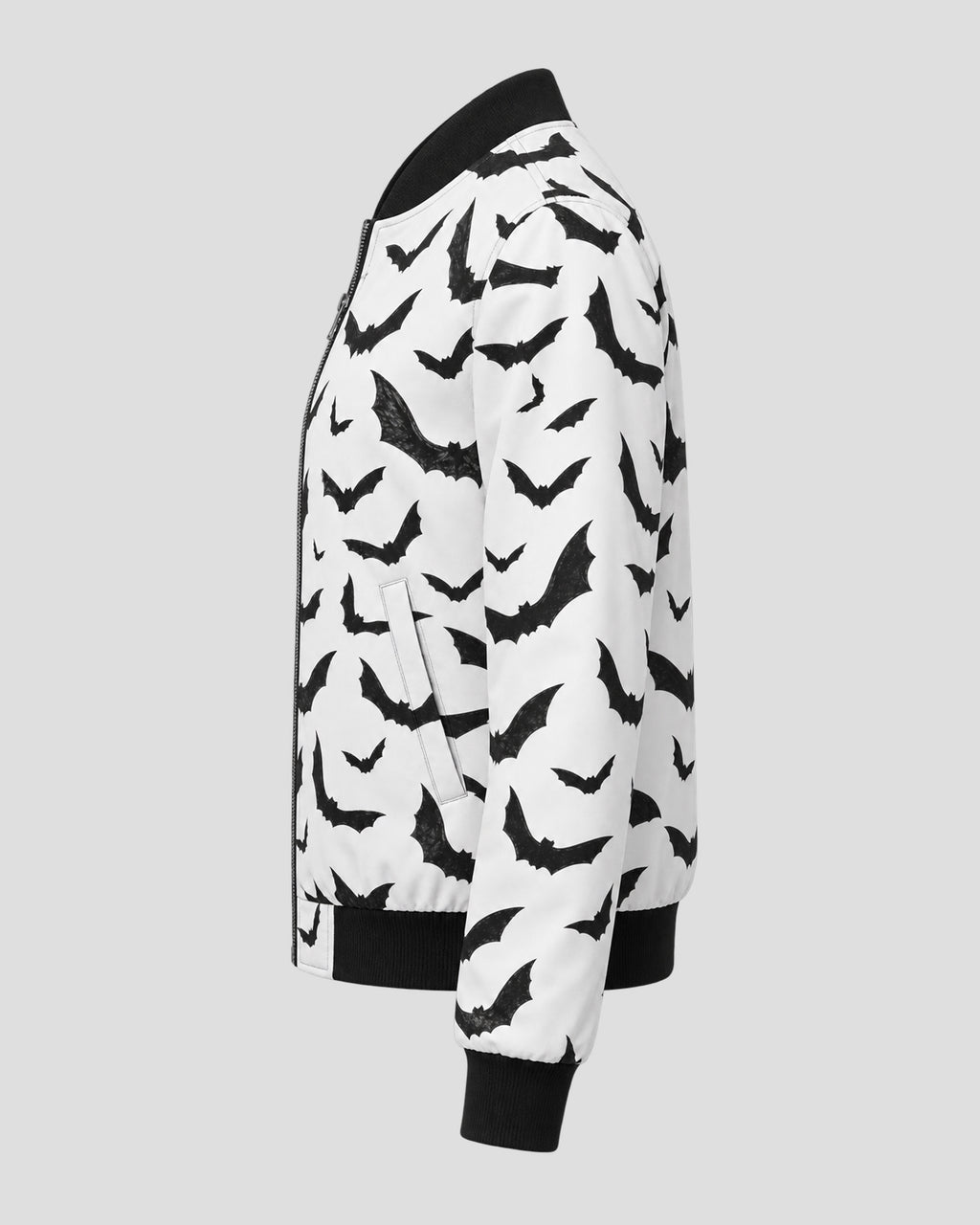 Halloween Black Bats Printed White Bomber Jacket