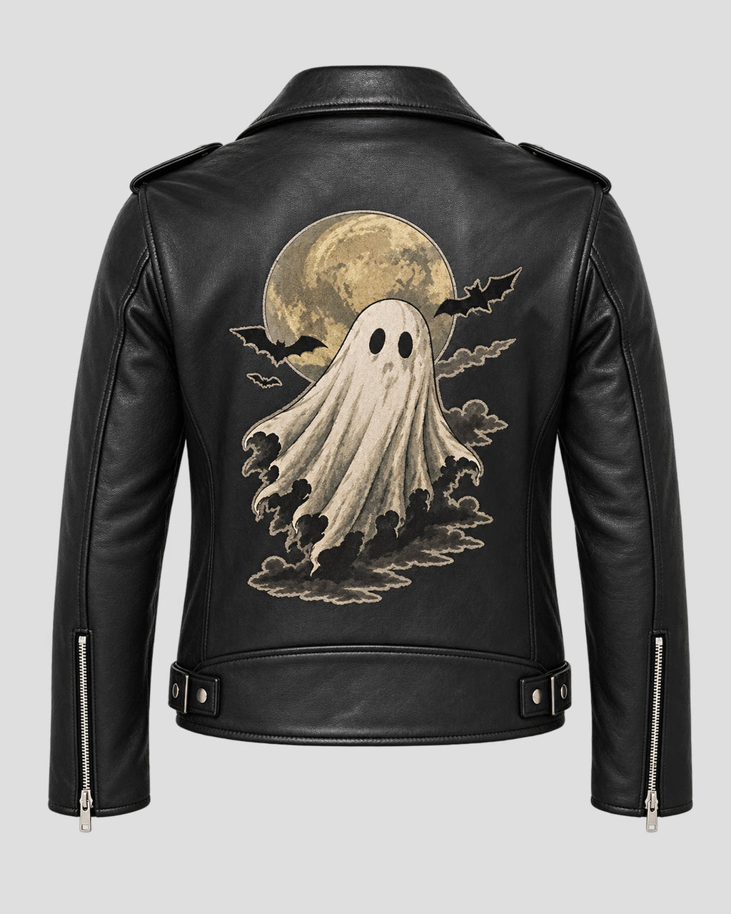 Halloween Ghost Print Vintage Black Biker Leather Jacket