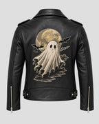 Halloween Ghost Print Vintage Black Biker Leather Jacket
