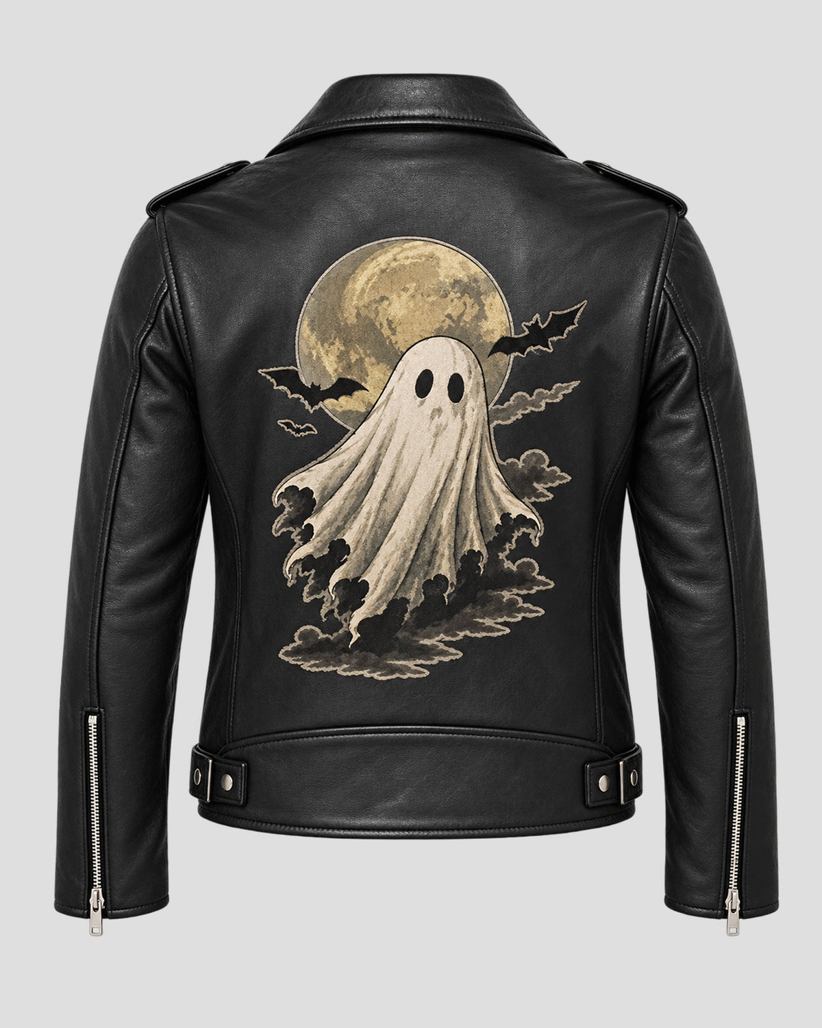 Halloween Ghost Print Vintage Black Biker Leather Jacket