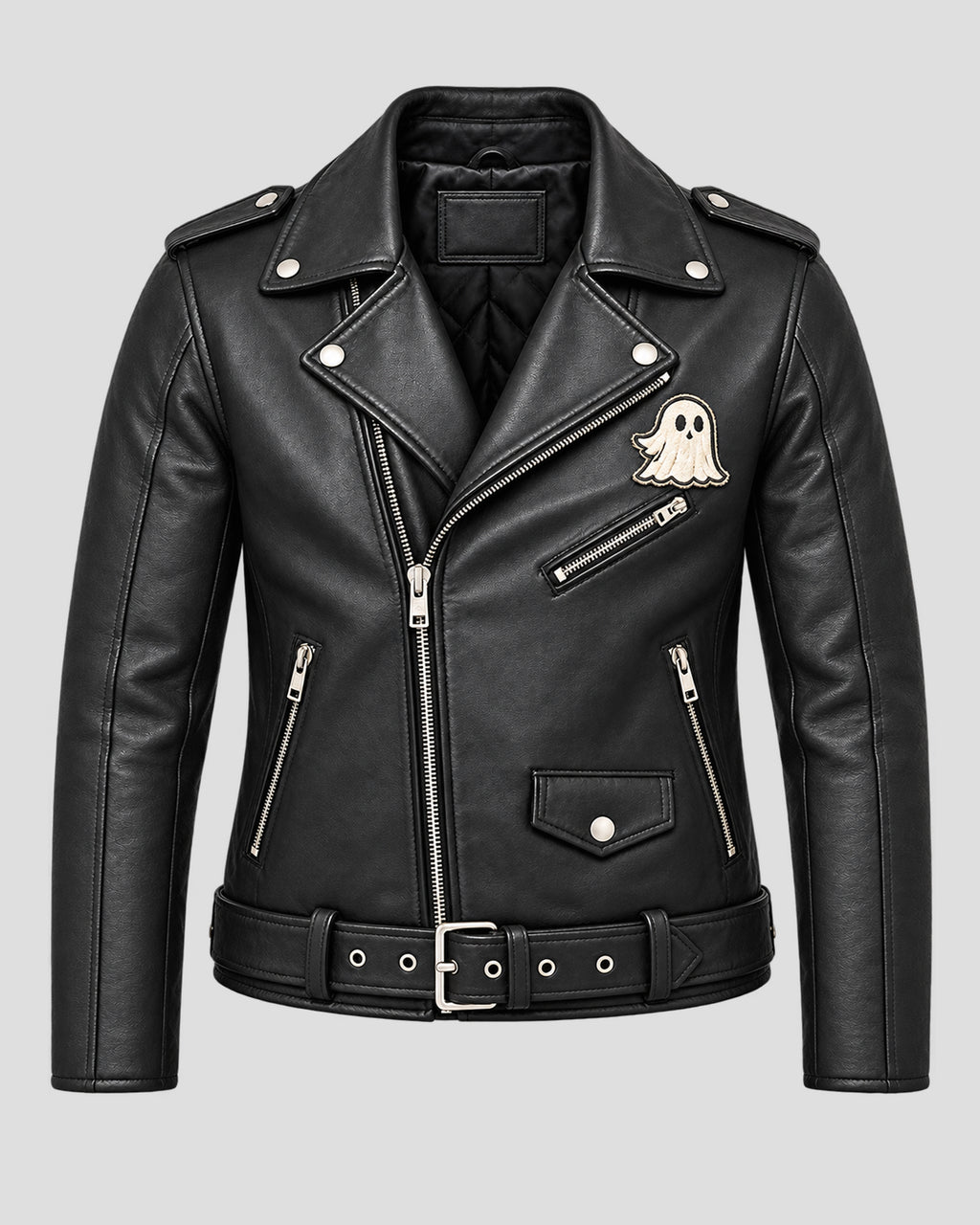 Halloween Ghost Print Vintage Black Biker Leather Jacket