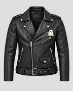 Halloween Ghost Print Vintage Black Biker Leather Jacket