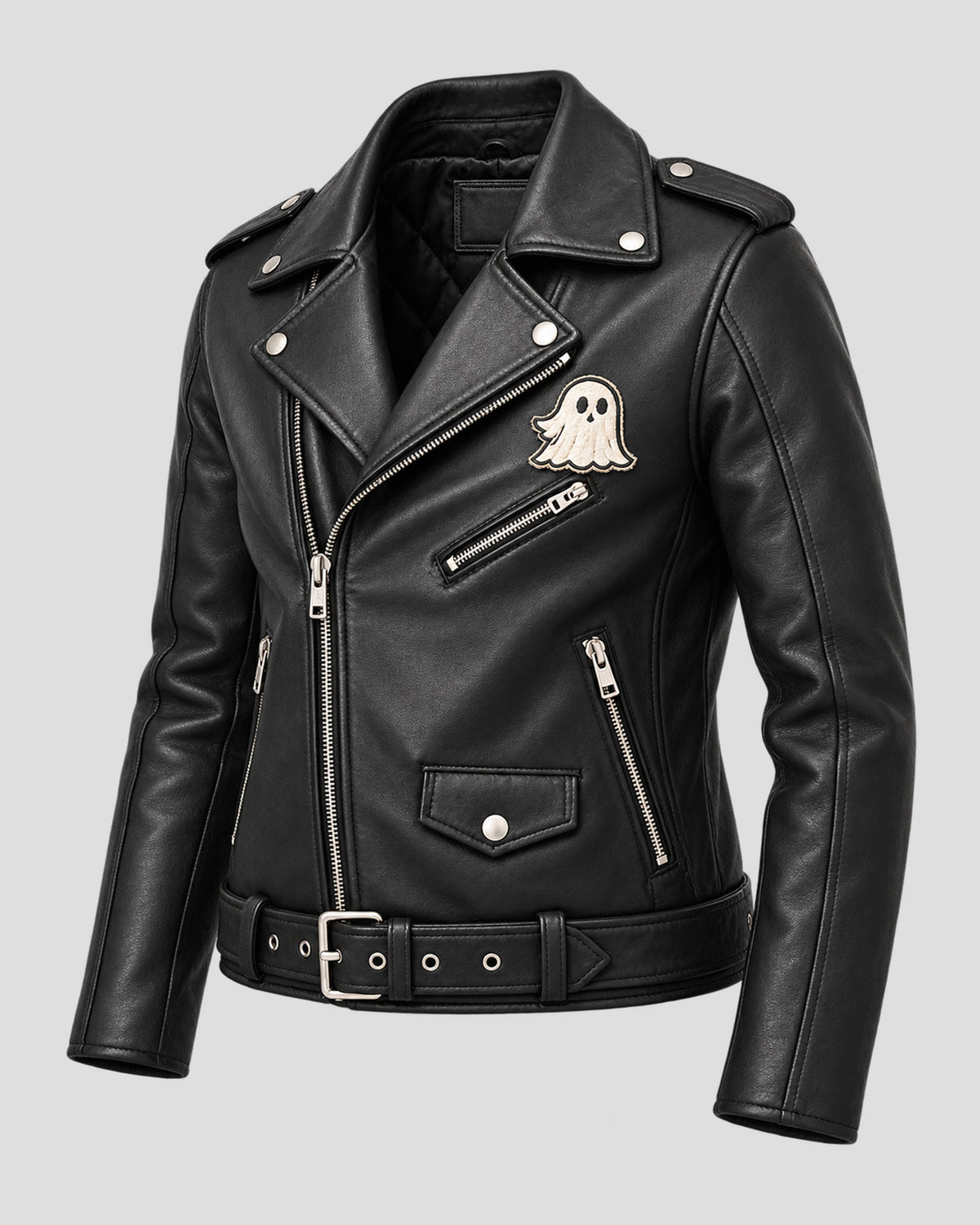 Halloween Ghost Print Vintage Black Biker Leather Jacket