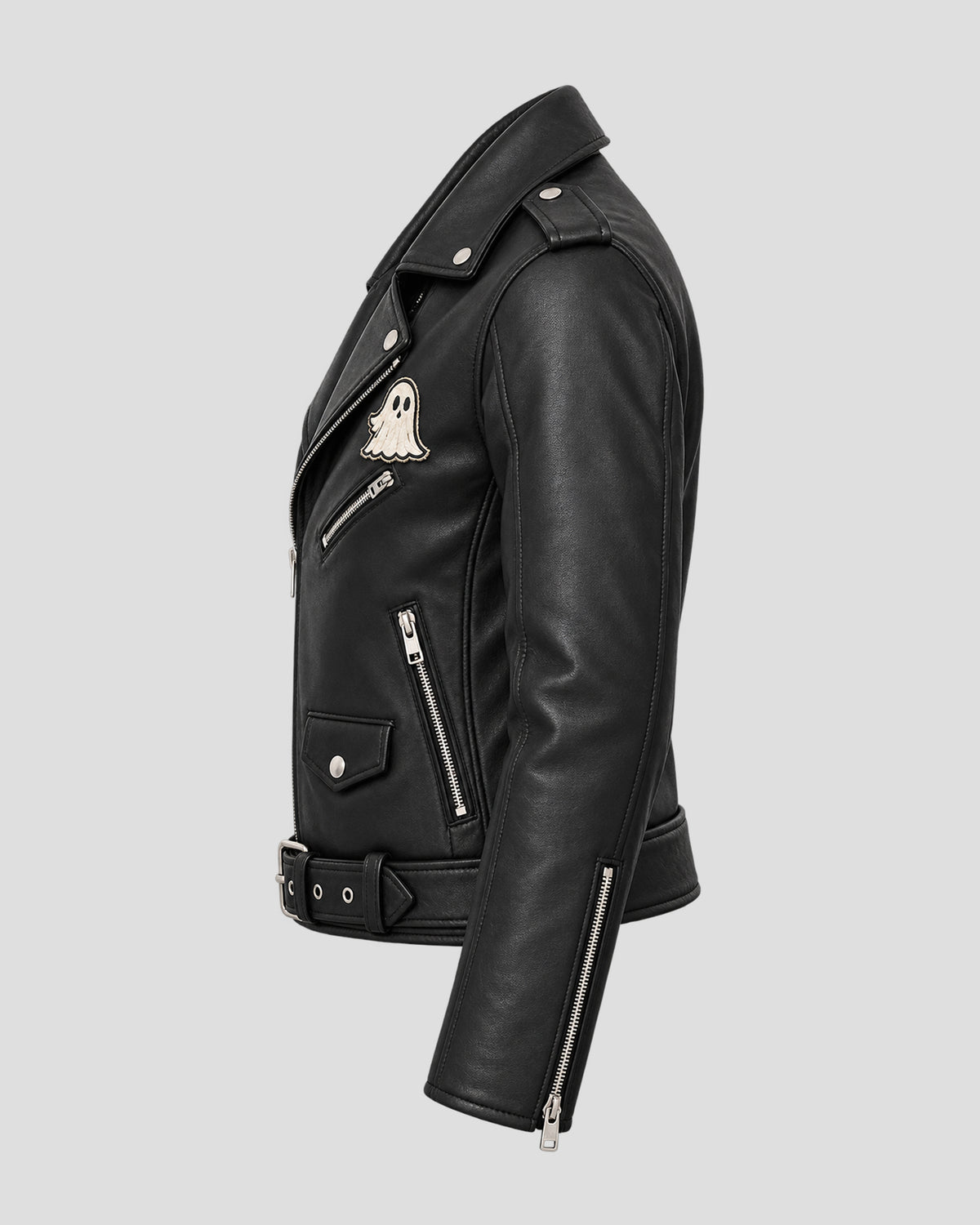 Halloween Ghost Print Vintage Black Biker Leather Jacket