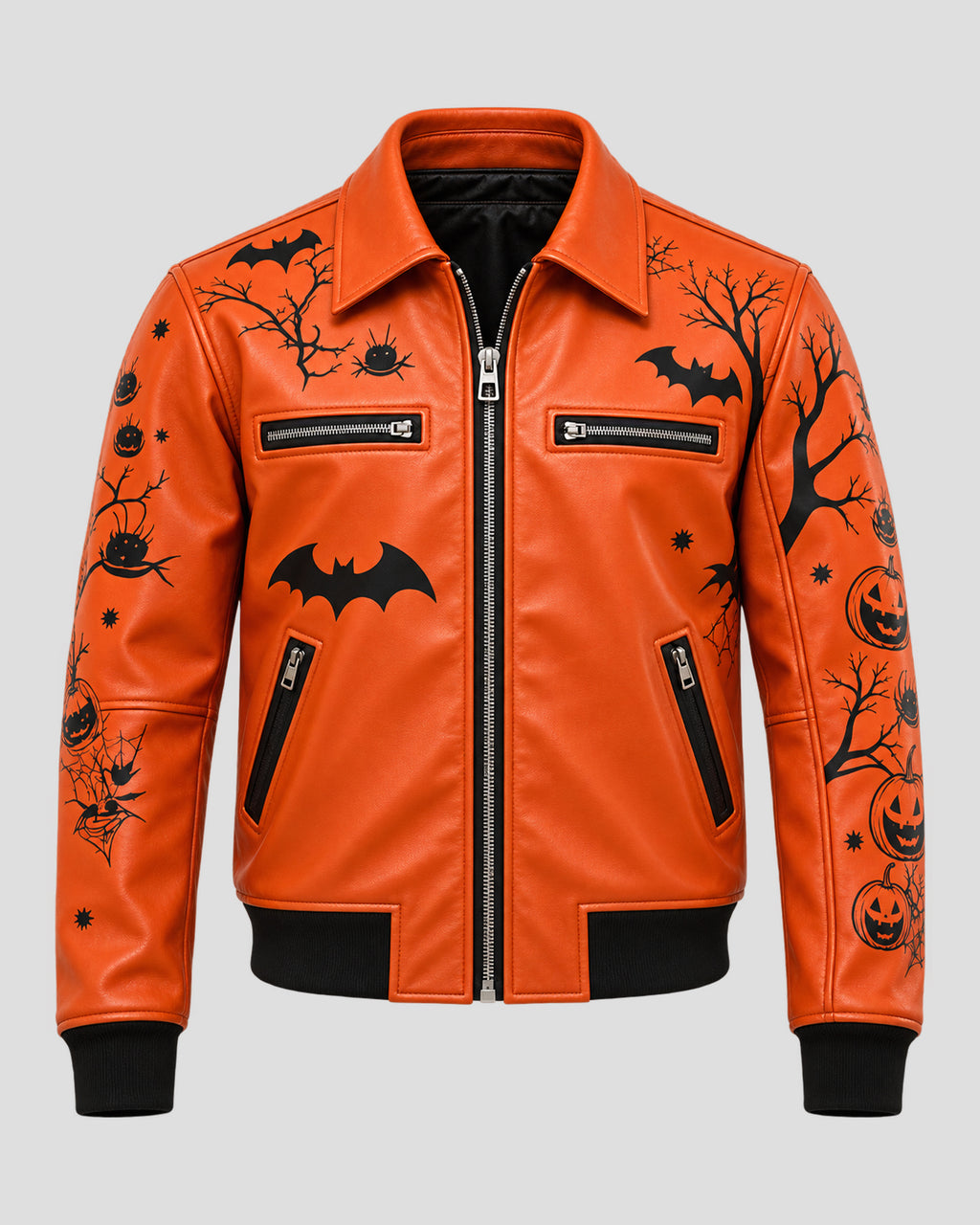 Halloween Haunted Castle Design Orange Leather Bomber Jacket