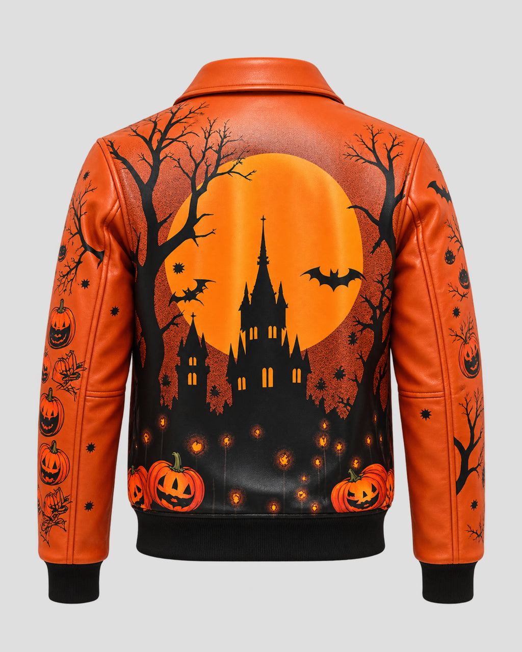 Halloween Haunted Castle Design Orange Leather Bomber Jacket