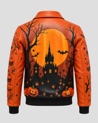 Halloween Haunted Castle Design Orange Leather Bomber Jacket