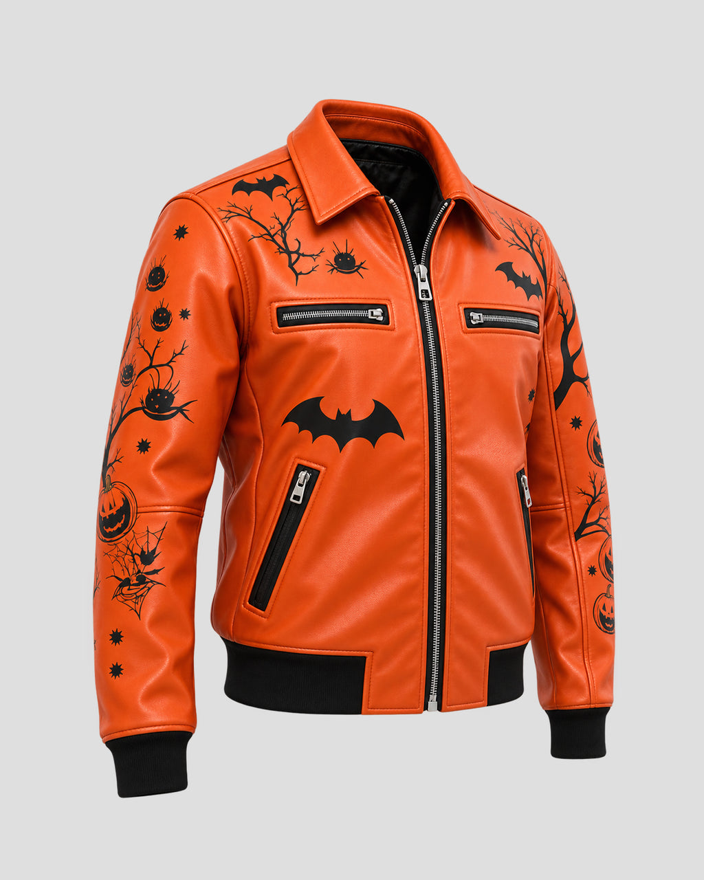 Halloween Haunted Castle Design Orange Leather Bomber Jacket