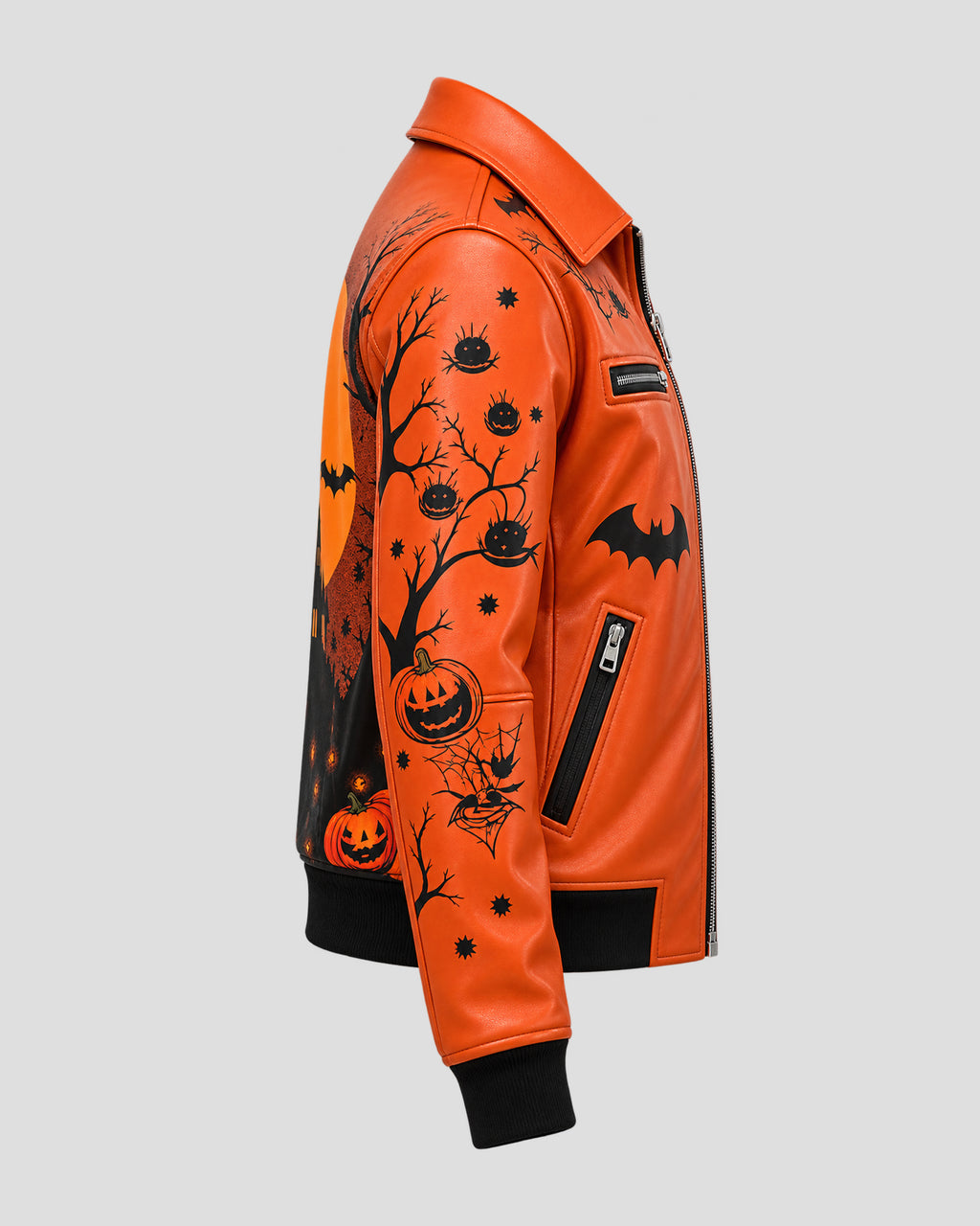 Halloween Haunted Castle Design Orange Leather Bomber Jacket