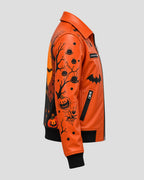 Halloween Haunted Castle Design Orange Leather Bomber Jacket