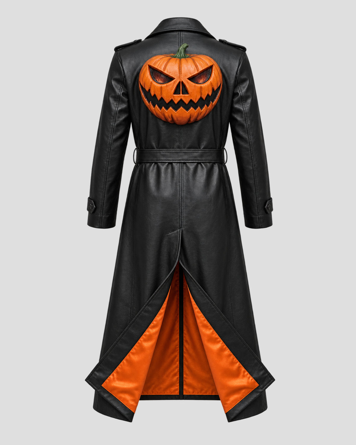 Halloween Jack o Lantern Black Leather Trench Coat