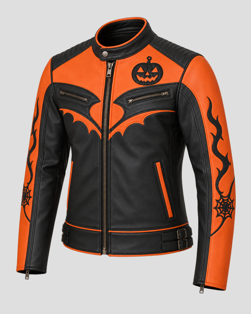 Halloween Orange and Black Motorcycle Leather Jacket