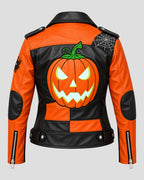 Halloween Pumpkin Black and Orange Biker Leather Jacket