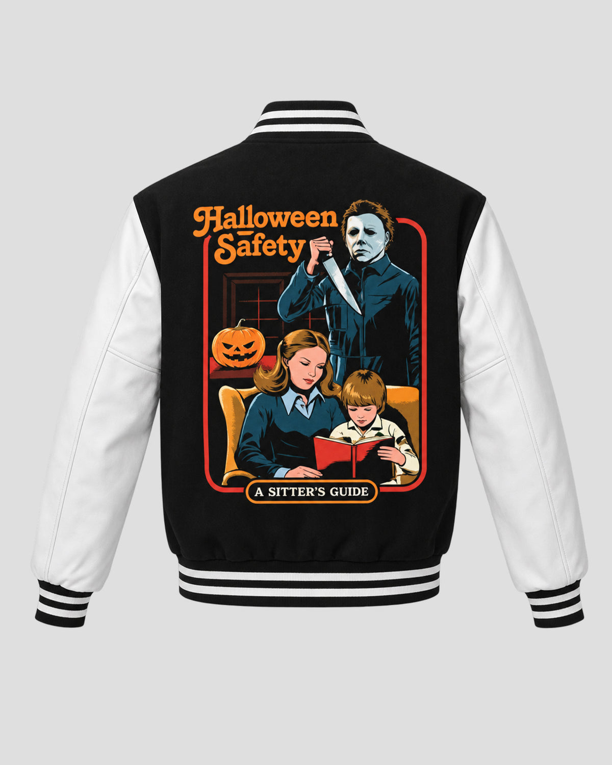 Halloween Safety Graphic Black and White Varsity Jacket