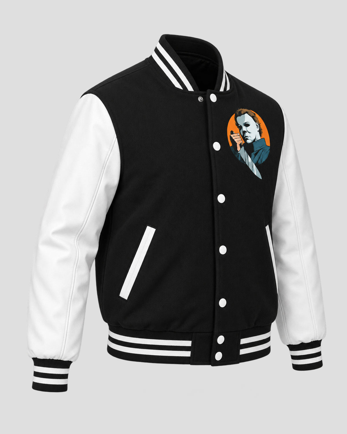 Halloween Safety Graphic Black and White Varsity Jacket