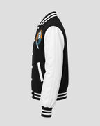 Halloween Safety Graphic Black and White Varsity Jacket