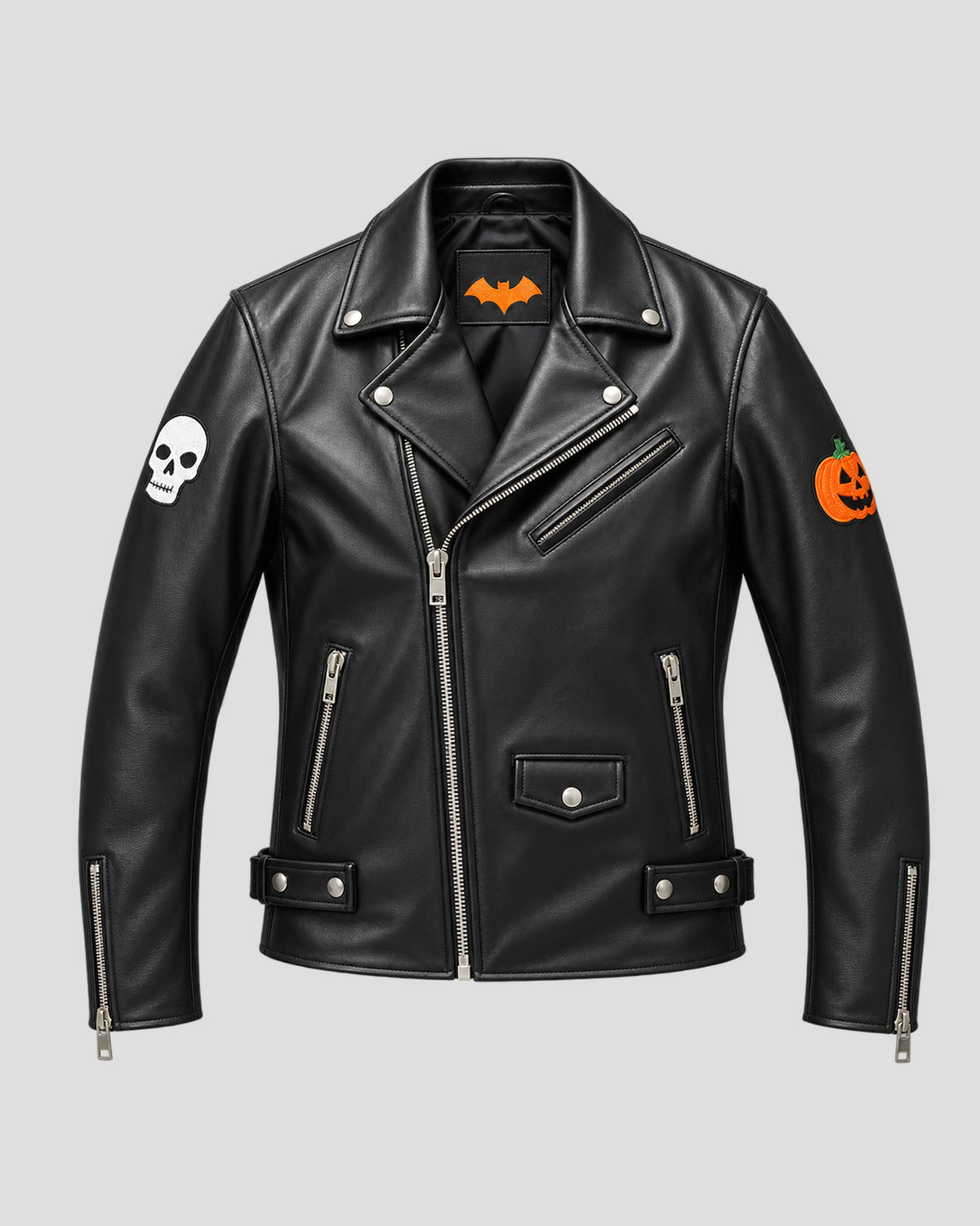 Halloween Skull and Pumpkin Patches Black Biker Leather Jacket