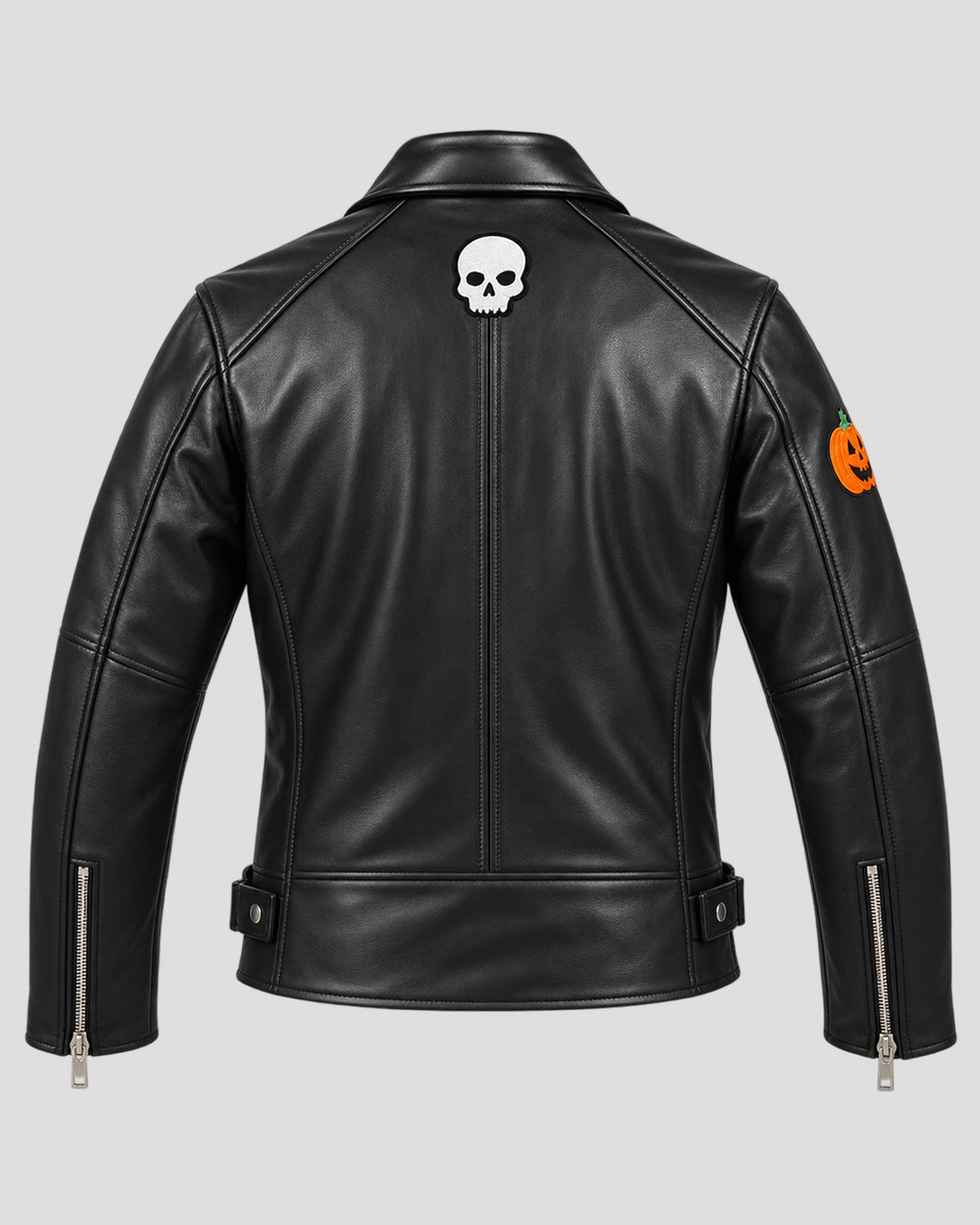 Halloween Skull and Pumpkin Patches Black Biker Leather Jacket