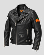 Halloween Skull and Pumpkin Patches Black Biker Leather Jacket