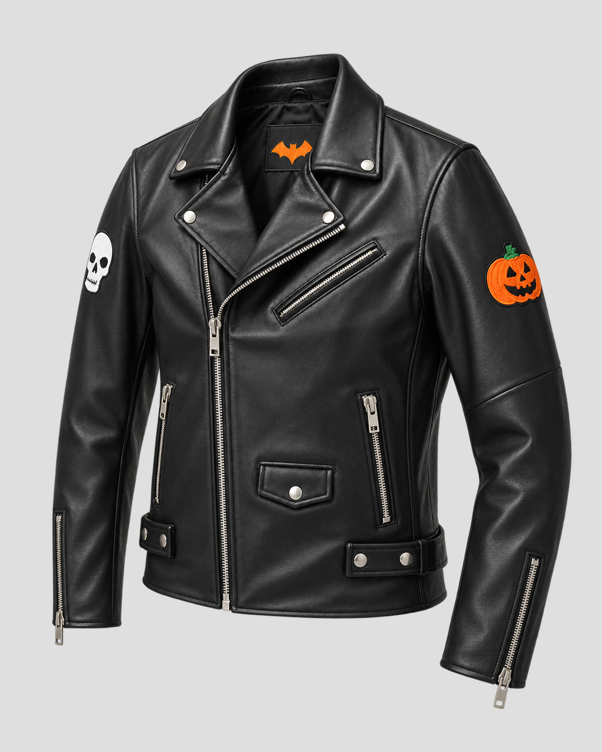 Halloween Skull and Pumpkin Patches Black Biker Leather Jacket