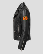 Halloween Skull and Pumpkin Patches Black Biker Leather Jacket