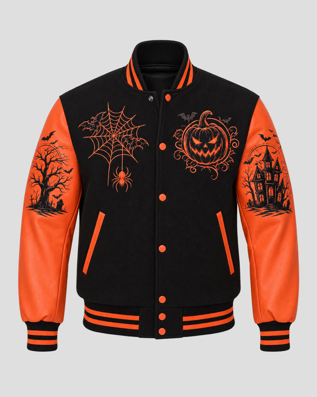 Spooky Halloween Black and Orange Varsity Jacket