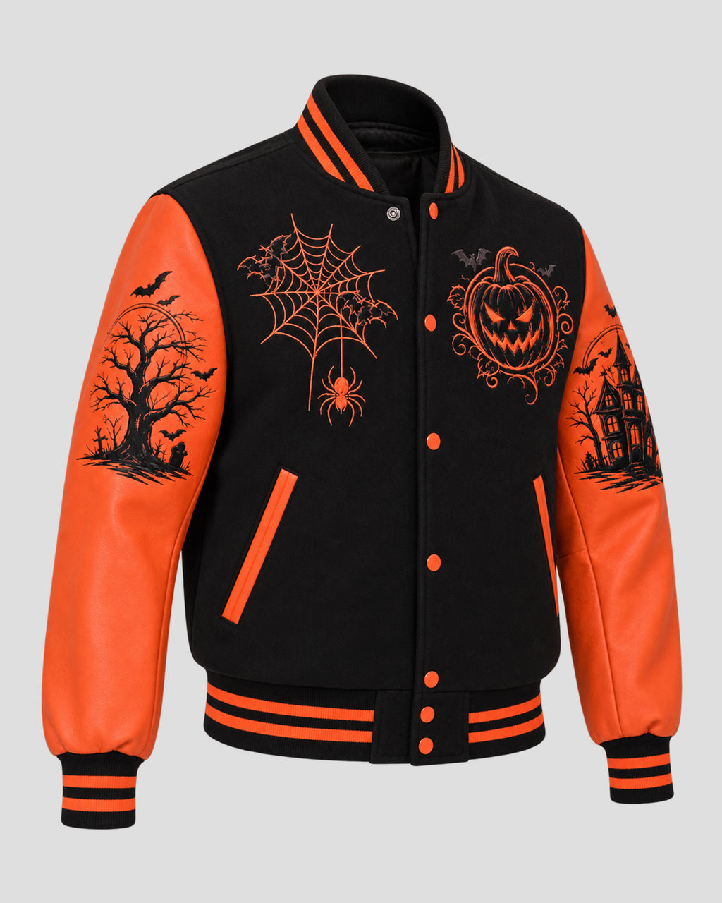 Spooky Halloween Black and Orange Varsity Jacket
