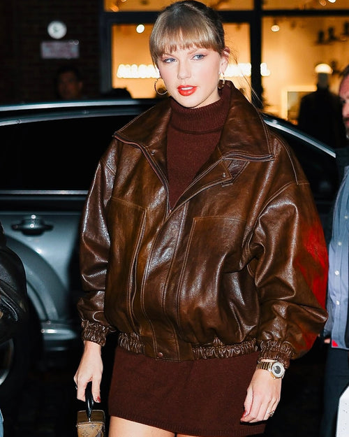 Taylor Swift Vintage Chocolate Brown Leather Bomber Jacket